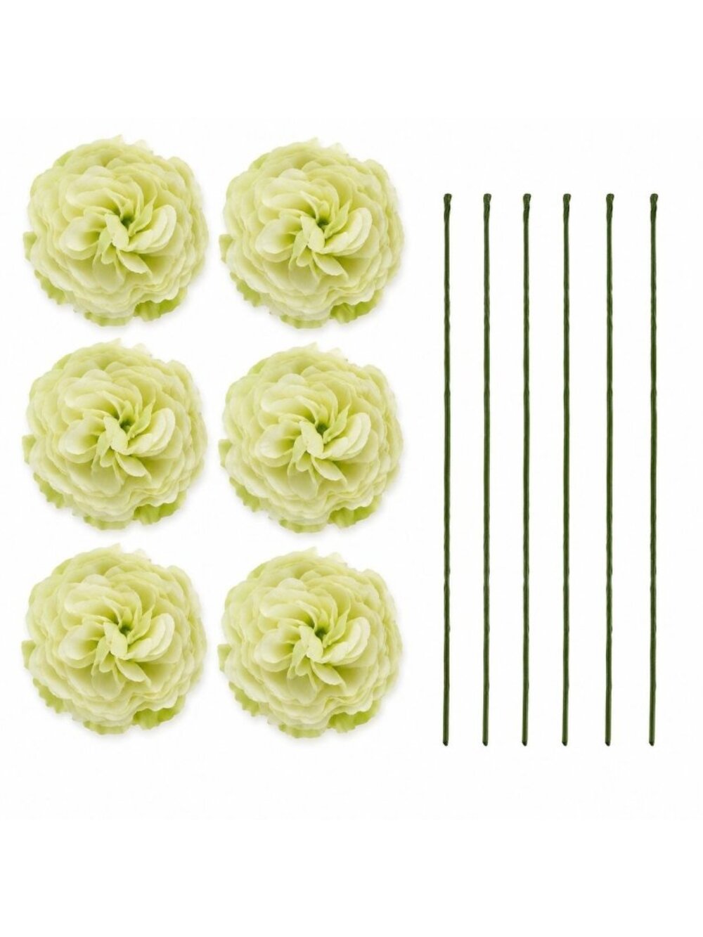 Pale Green Artificial Peony Ranunculus Flowers Set of 6, 3 Inch Flower Heads wit